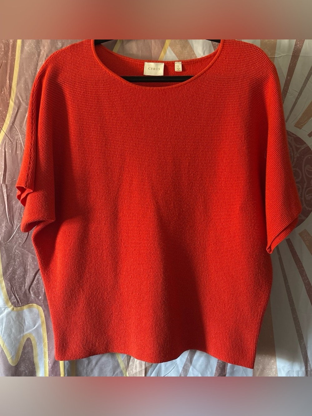 Cyrus Blood Orange Crewneck Waffle Knit Sweater L relax fit wide short sleeve
